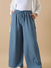 Yours Curve Blue Crinkle Trousers - Image 1 of 5