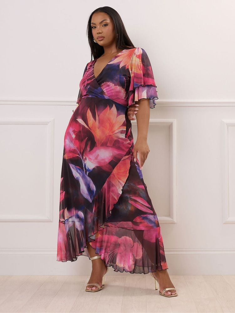 Yours Curve Black London Wrap Ruffle Mesh Dress - Image 1 of 5