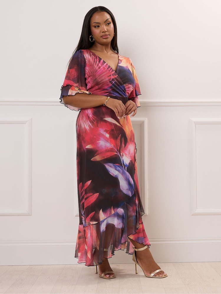 Yours Curve Black London Wrap Ruffle Mesh Dress - Image 2 of 5