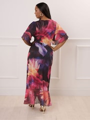 Yours Curve Black London Wrap Ruffle Mesh Dress - Image 3 of 5
