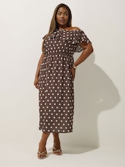 Yours Curve Brown Limited Frilled Polka Dot Dress - Image 2 of 5