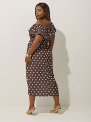 Yours Curve Brown Limited Frilled Polka Dot Dress - Image 3 of 5