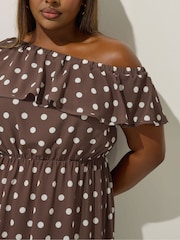 Yours Curve Brown Limited Frilled Polka Dot Dress - Image 4 of 5