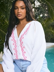 Yours Curve White Cheesecloth Embroidered 100% Cotton Top - Image 1 of 3