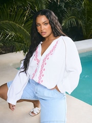 Yours Curve White Cheesecloth Embroidered 100% Cotton Top - Image 2 of 3