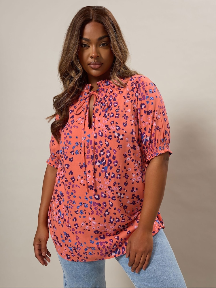 Yours Curve Orange Tie Neck Short Sleeve Blouse - Image 1 of 5
