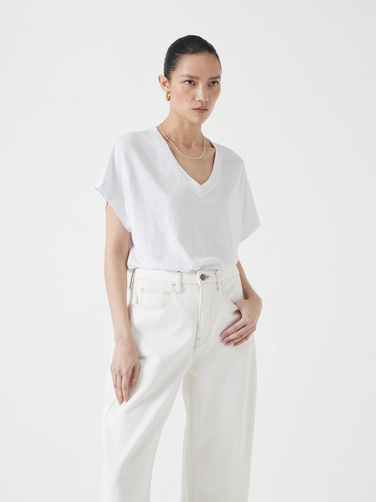 Hush White Rosalia Linen Blend V-Neck T-Shirt - Image 1 of 5