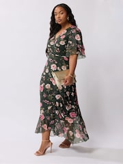 Yours Curve Green London Wrap Ruffle Mesh Dress - Image 1 of 5