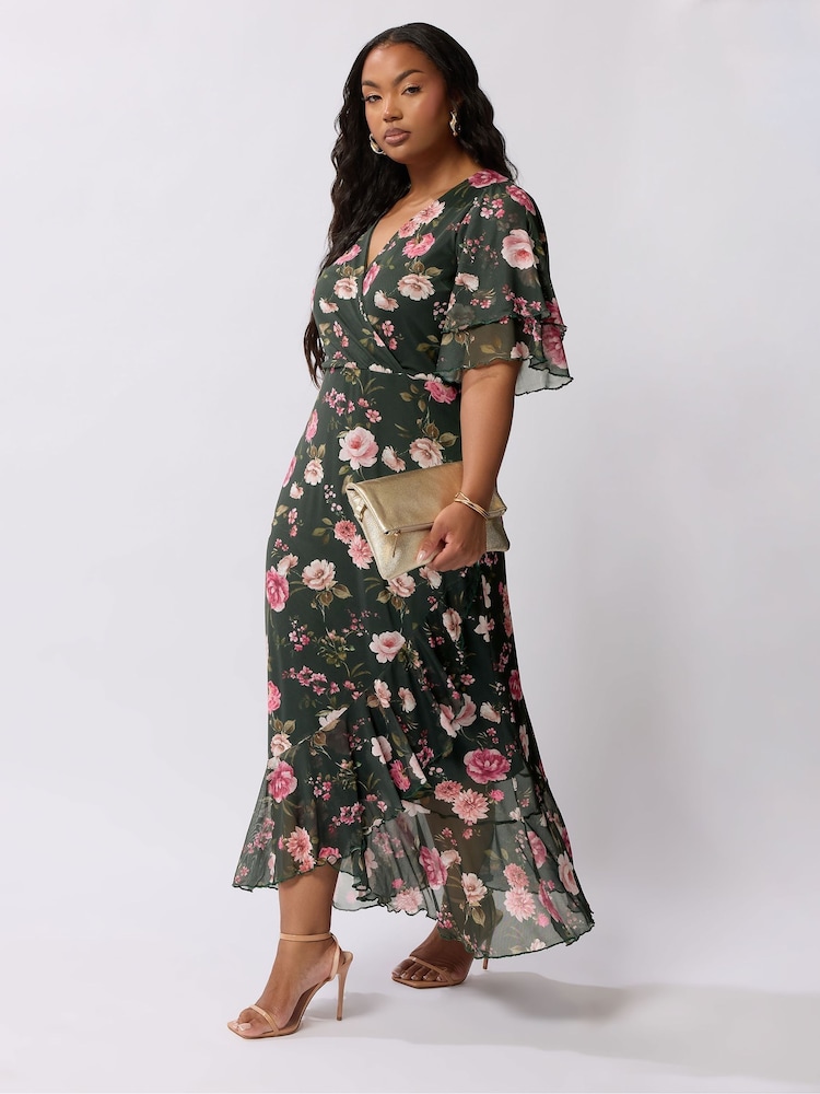 Yours Curve Green London Wrap Ruffle Mesh Dress - Image 1 of 5