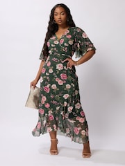 Yours Curve Green London Wrap Ruffle Mesh Dress - Image 2 of 5