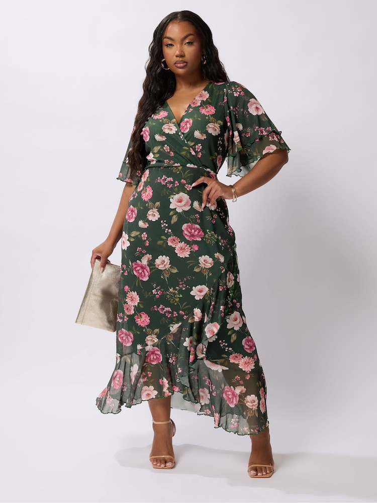 Yours Curve Green London Wrap Ruffle Mesh Dress - Image 2 of 5
