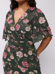 Yours Curve Green London Wrap Ruffle Mesh Dress - Image 4 of 5