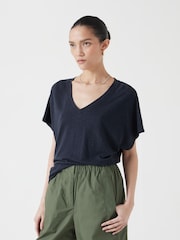 Hush Blue Rosalia Linen Blend V-Neck T-Shirt - Image 1 of 5