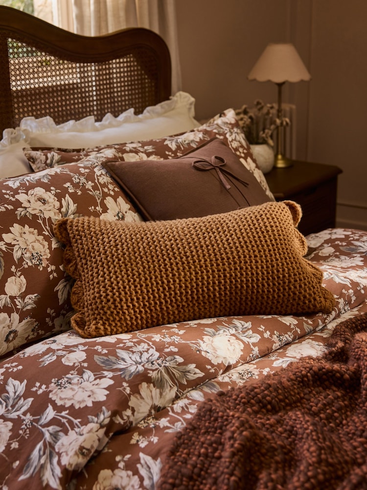 Laura Ashley Caramel Brown Hanwell Scallop Knitted Cushion - Image 1 of 3 Laura Ashley Caramel Brown Hanwell Scallop Knitted Cushion - Image 1 of 3