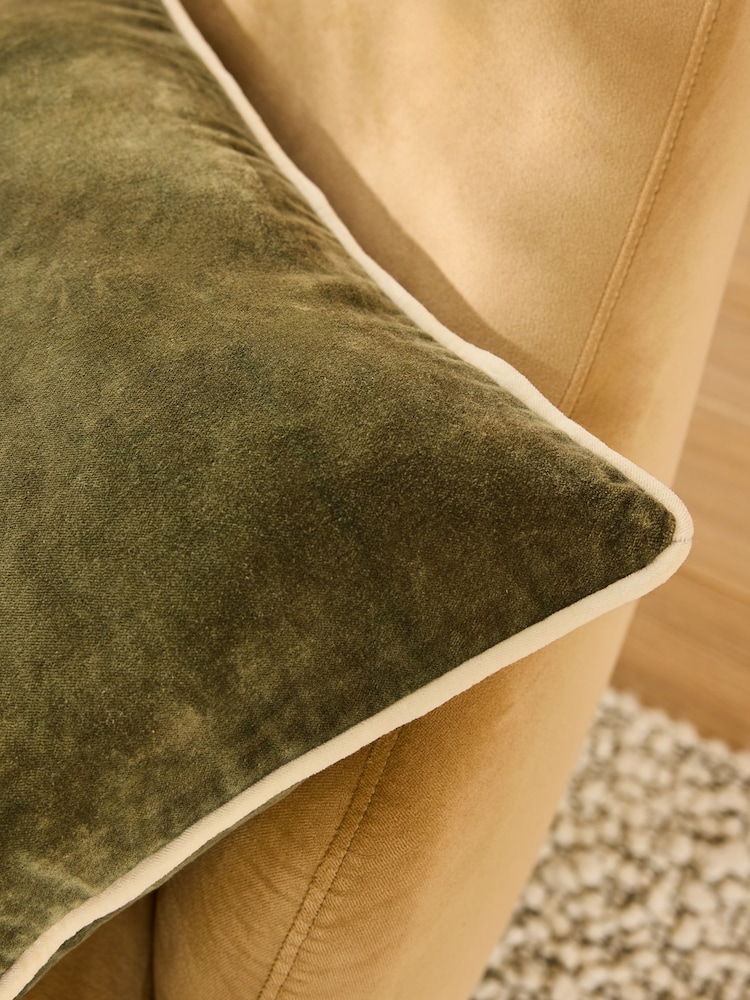MADE.COM Khaki Green Bailey Cotton Velvet Piped Cushion - Image 2 of 3 MADE.COM Khaki Green Bailey Cotton Velvet Piped Cushion - Image 2 of 3