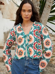 Another Sunday Green Geo Floral Print Reversible Quilted Jacket - Image 1 of 5