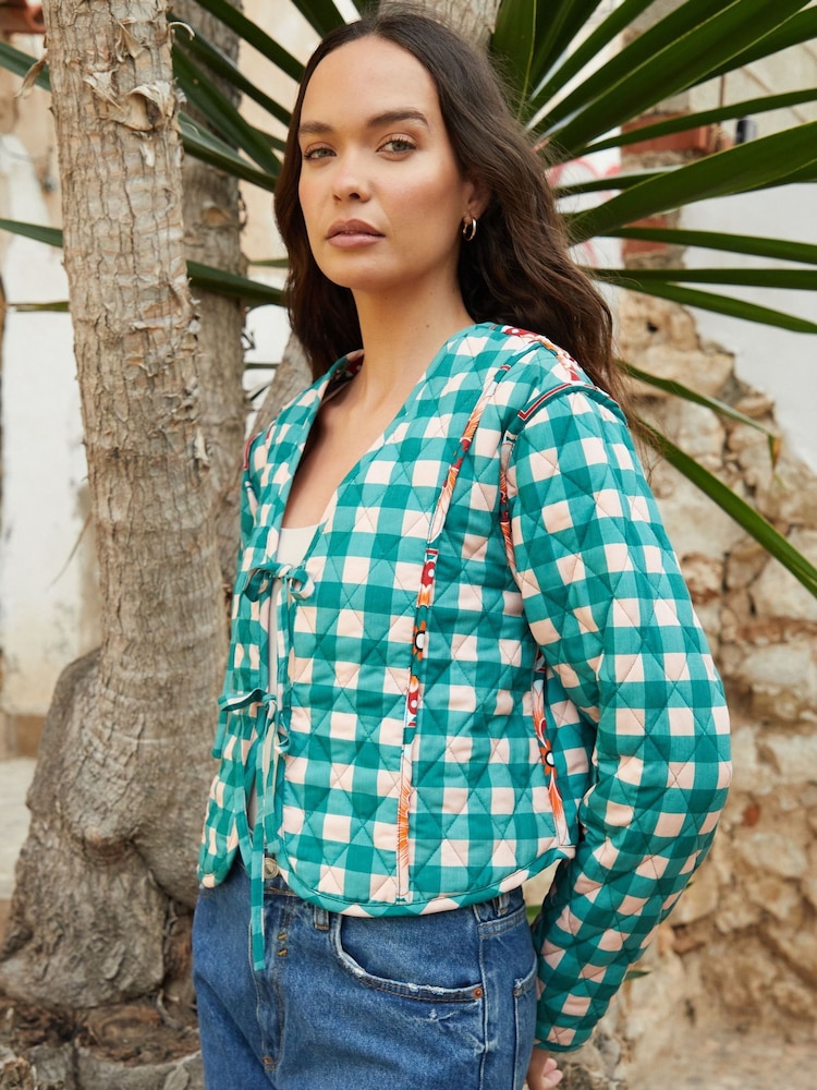 Another Sunday Green Geo Floral Print Reversible Quilted Jacket - Image 1 of 5 Another Sunday Green Geo Floral Print Reversible Quilted Jacket - Image 1 of 5