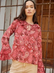Another Sunday Red Frill Sleeve Notch Neck Tie Detail Blouse - Image 1 of 4