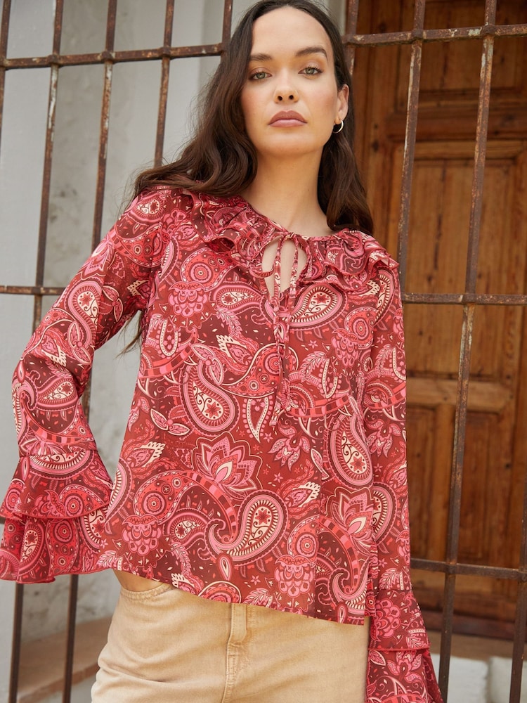 Another Sunday Red Frill Sleeve Notch Neck Tie Detail Blouse - Image 1 of 4