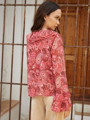 Another Sunday Red Frill Sleeve Notch Neck Tie Detail Blouse - Image 2 of 4