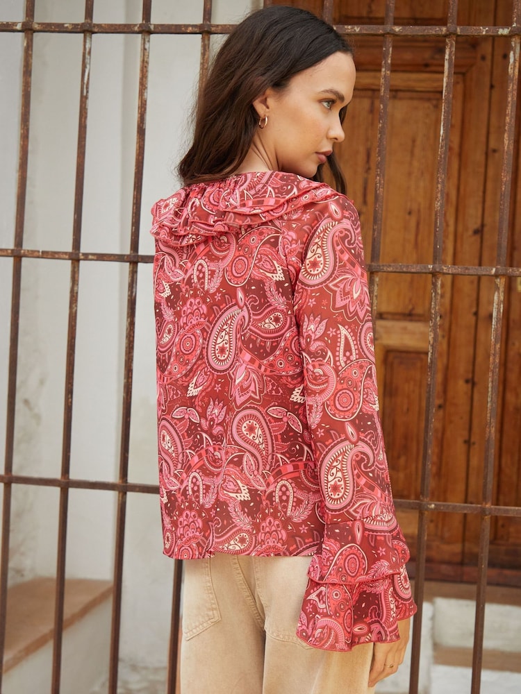 Another Sunday Red Frill Sleeve Notch Neck Tie Detail Blouse - Image 2 of 4