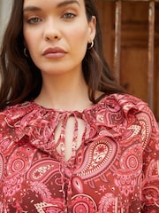 Another Sunday Red Frill Sleeve Notch Neck Tie Detail Blouse - Image 3 of 4
