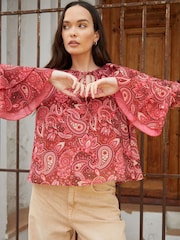 Another Sunday Red Frill Sleeve Notch Neck Tie Detail Blouse - Image 4 of 4