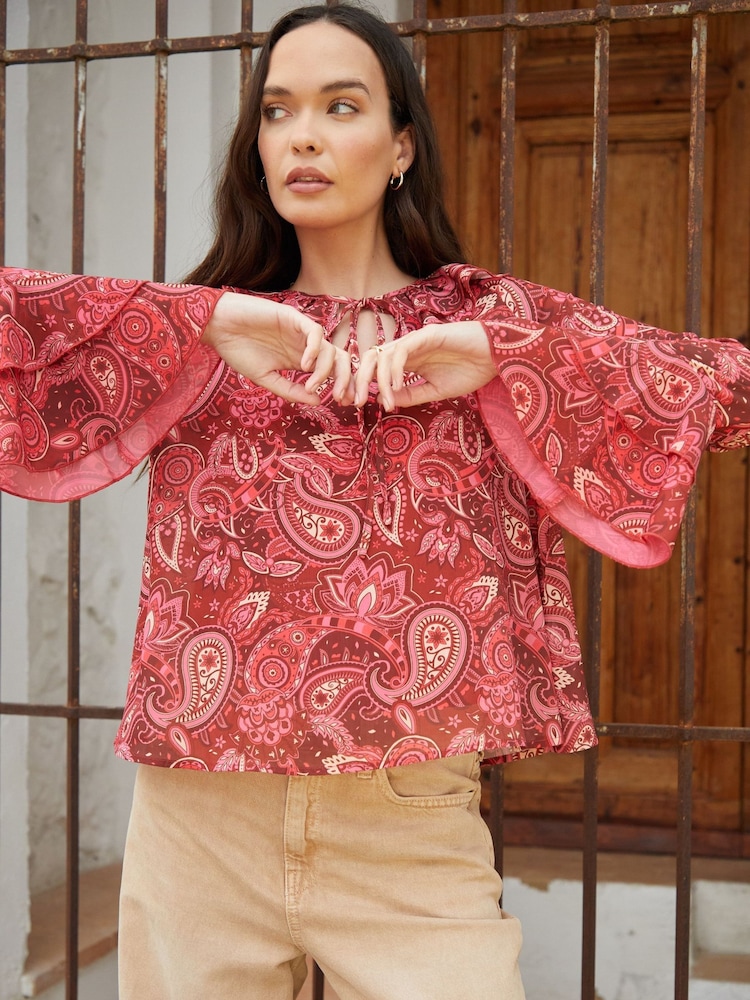 Another Sunday Red Frill Sleeve Notch Neck Tie Detail Blouse - Image 4 of 4
