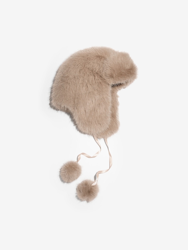 Lipsy Neutral Faux Fur Trapper Hat with Poms - Image 1 of 3