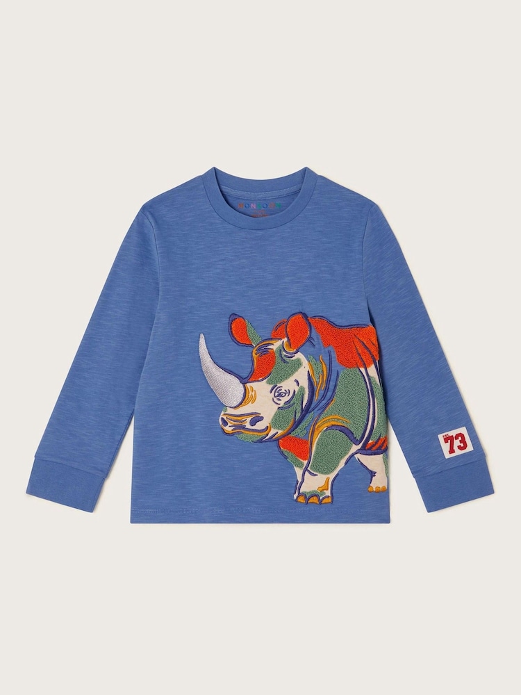 Monsoon Blue Rhino Print Long Sleeve 100% Cotton T-Shirt - Image 1 of 3