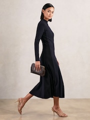 Reiss Navy/Black Zaya Knitted Contrast-Panel Midi Dress - Image 1 of 6