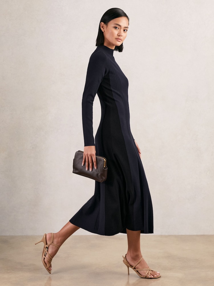 Reiss Navy/Black Zaya Knitted Contrast-Panel Midi Dress - Image 1 of 6