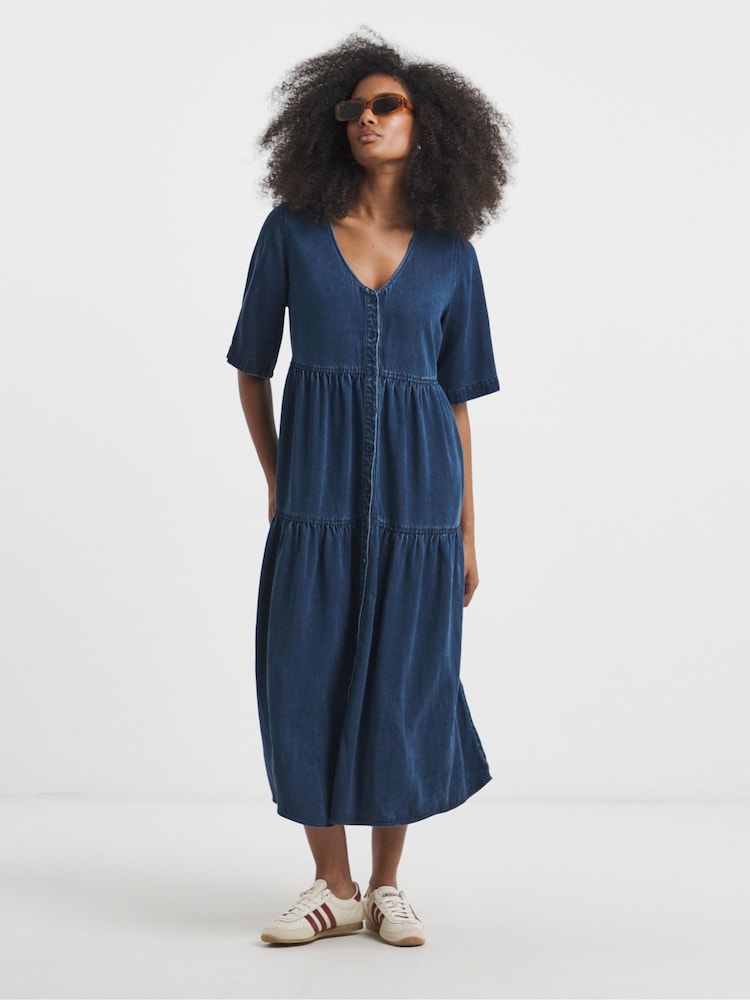 Simply Be Button Through Tiered Denim Smock Dress - Imagen 1 de 4