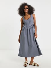 Simply Be Blue 100% Cotton Cargo Notch Neck Apron Midi Dress - Image 1 of 4