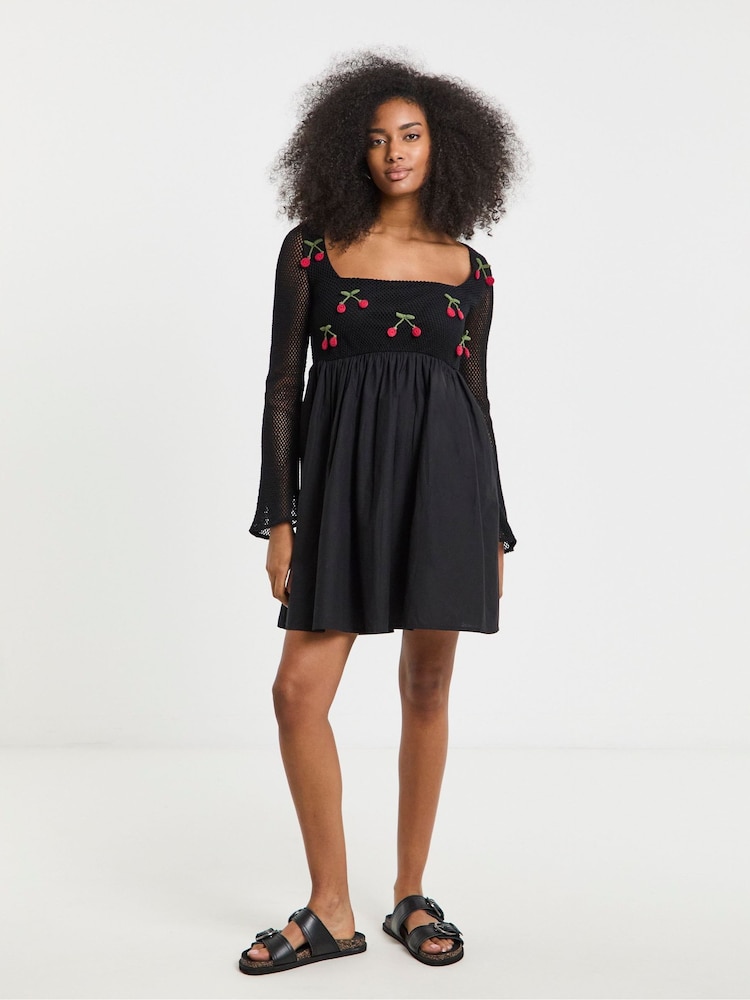 Simply Be Black Embroidered Crochet Skater Dress - Image 1 of 3