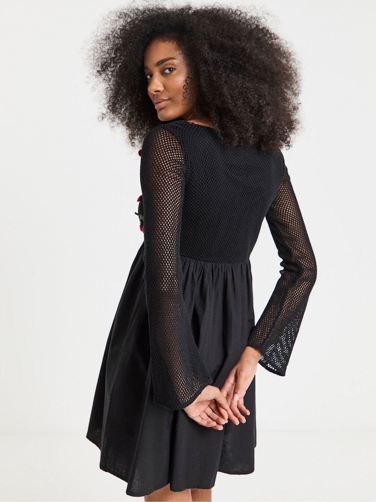 Simply Be Black Embroidered Crochet Skater Dress - Image 2 of 3