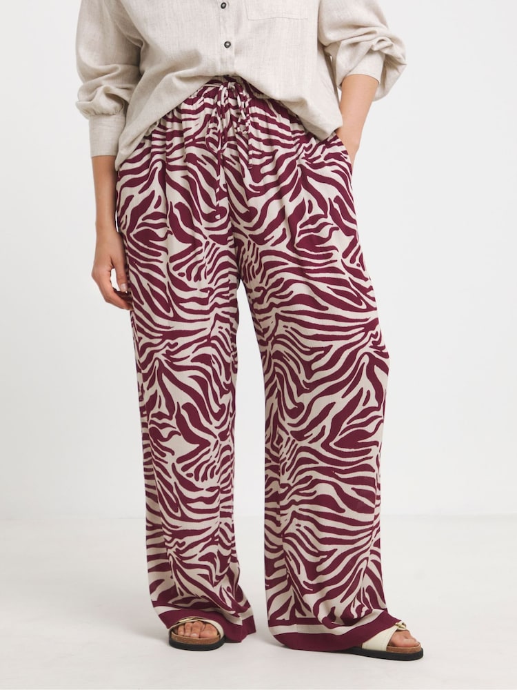 Simply Be Animal Wide Fit Tie Waist Crinkle Wide Leg Trousers - Image 1 of 4