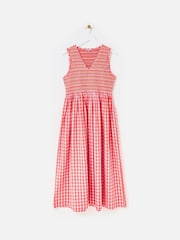 Oliver Bonas Pink Gingham Shirred Bodice V-Neck 100% Cotton Midi Dress - Image 1 of 6