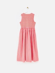 Oliver Bonas Pink Gingham Shirred Bodice V-Neck 100% Cotton Midi Dress - Image 2 of 6