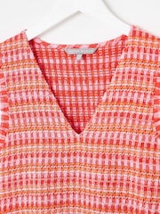 Oliver Bonas Pink Gingham Shirred Bodice V-Neck 100% Cotton Midi Dress - Image 3 of 6