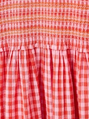 Oliver Bonas Pink Gingham Shirred Bodice V-Neck 100% Cotton Midi Dress - Image 5 of 6