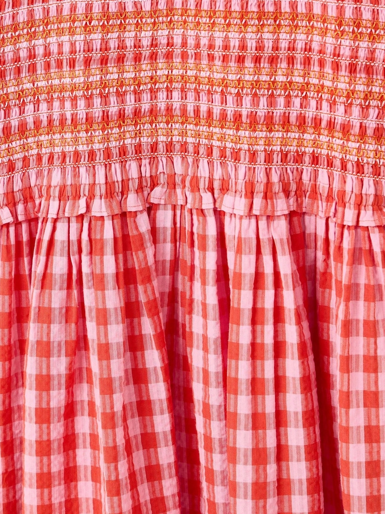Buy Oliver Bonas Pink Gingham Shirred Bodice V-Neck 100% Cotton Midi Dress  from Next USA