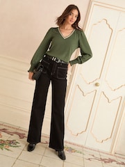 Love & Roses Olive Green Embroided Trim Long Sleeve Jersey Top - Image 3 of 4