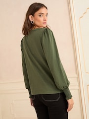 Love & Roses Olive Green Embroided Trim Long Sleeve Jersey Top - Image 4 of 4