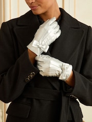 Love & Roses Silver Leather Look Bow Trim Gloves - Image 1 of 2