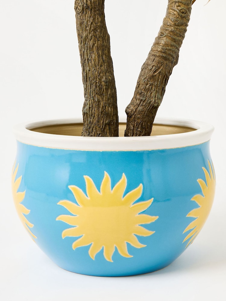 Oliver Bonas Blue Sun Print Outdoor Plant Pot - Image 1 of 5 Oliver Bonas Blue Sun Print Outdoor Plant Pot - Image 1 of 5
