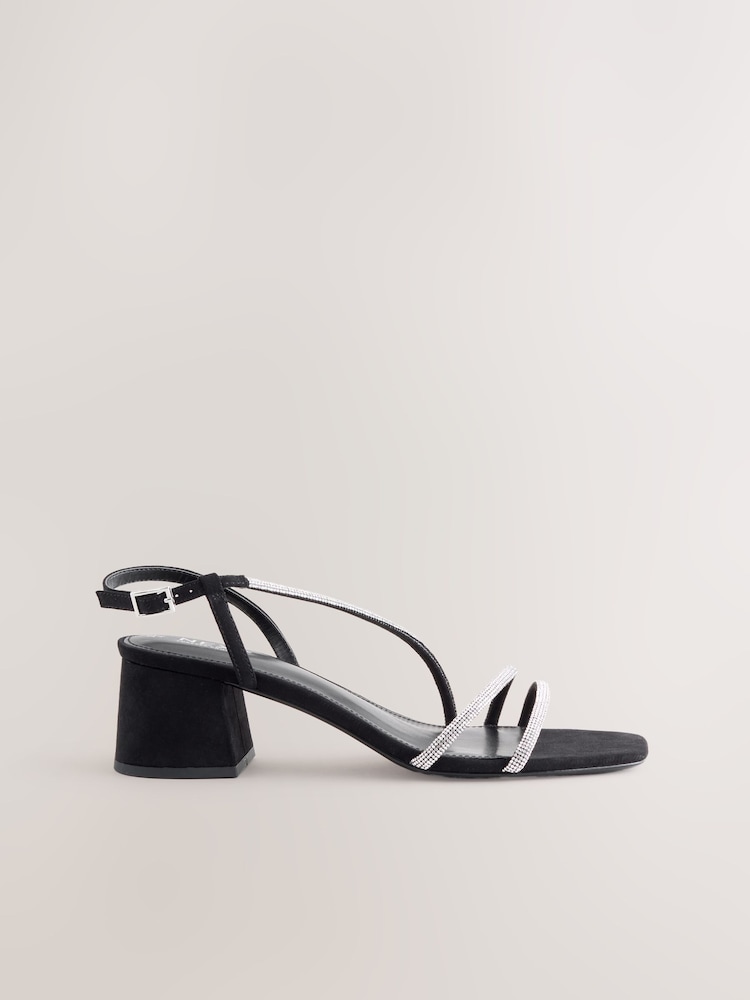 Black Forever Comfort Square Toe Jewelled Strappy Block Heeled Sandals - Image 1 of 10