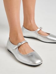 JD Williams Silver Extra Wide Fit Mary Jane Flat Shoes - Image 4 of 4