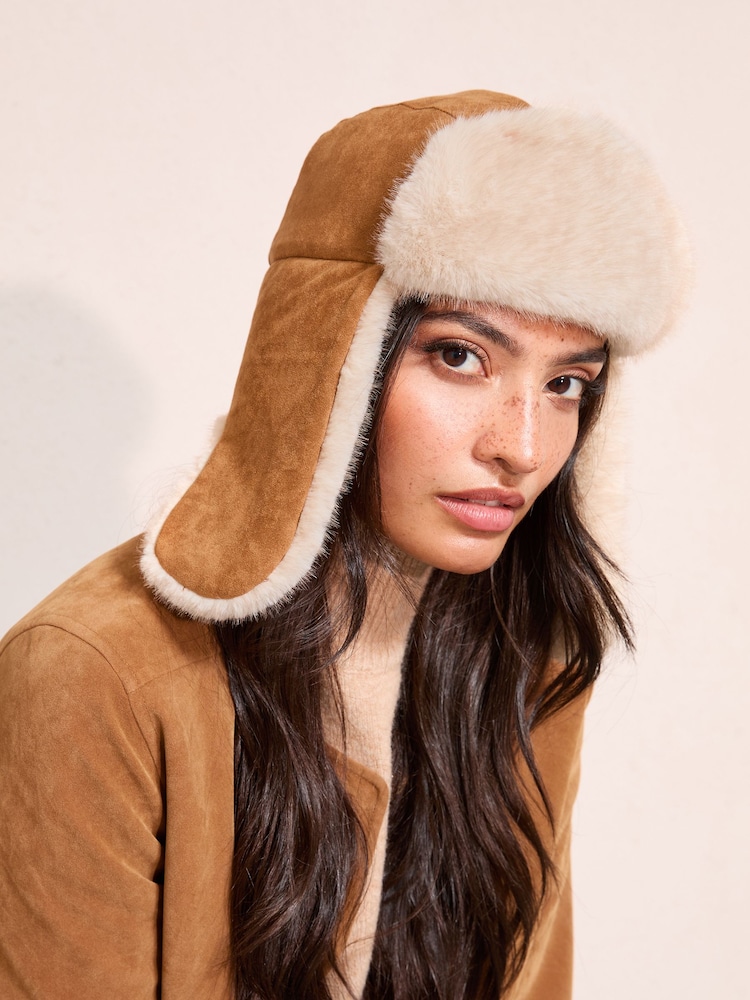 Friends Like These Tan Brown Cosy Faux Suede and Fur Trapper Hat - Image 2 of 2 Friends Like These Tan Brown Cosy Faux Suede and Fur Trapper Hat - Image 2 of 2
