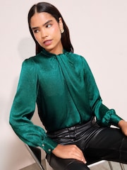 Petrolgrün - Friends Like These Crushed Satin Twist Neck Long Sleeve Blouse - Bild 4 von 5